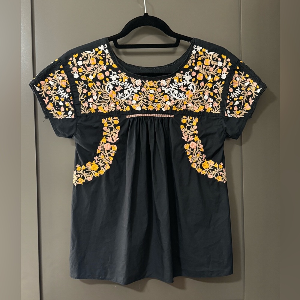 Madewell Floral Embroidered Black Cotton Top XXS